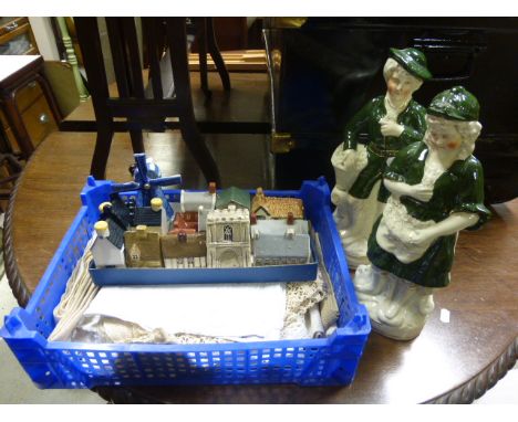 Pair of Staffordshire Shepherd and Shepherdess Figures, Group of Ceramic KLM and Mudlen Cottages and Quantity of Linen