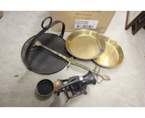 Set of Brass Hanging Scales with Pans, Cast Iron Mincer and Iron Skillet