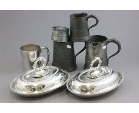 Pair of Silver Plated Tureens with Lids, Silver Plated Tankard, Three 19th century Pewter Tankards and a Pewter Inkwell