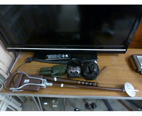 Wooden Truncheon, Shooting Stick and Three Pairs of Binoculars