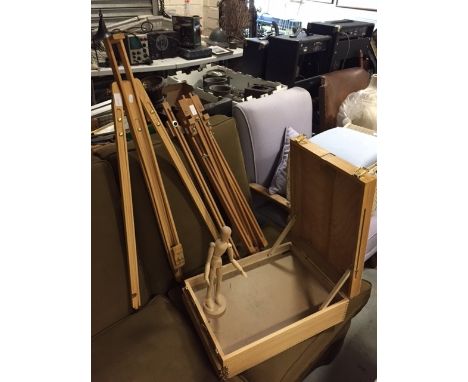 Two Wooden Folding Artist Easels together with a Wooden Box Easel and a Wooden Artist's Mannequin