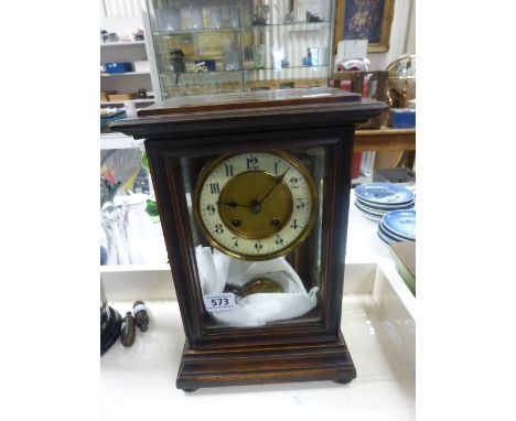 Victorian Mantle Clock in Wooden and  glass case with Gilt Brass and White Enamel Face