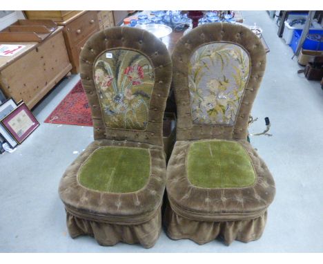 Pair of Victorian Spoon Back Chairs, button upholstered, each with a partly beaded and needlework back panel