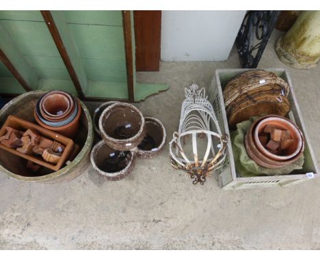 Group of Garden Items including Reconstituted Stone Basket, Barrel Planter, Clay Pots, White Hanging Basket, etc