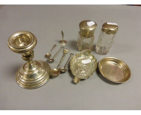 Silver Candlestick (a/f), Silver Pin Tray, Two Glass Dressing Jars with Silver Lids, Continental Silver Ashtray together with