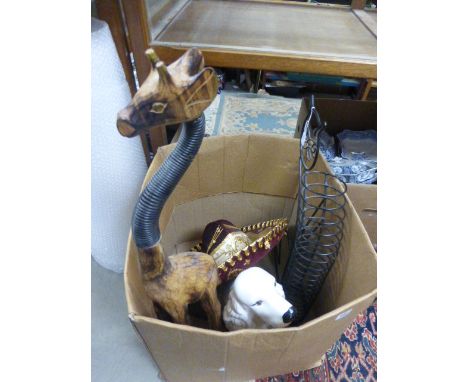 Metal Cat CD Rack, Mexican Sombrero, Large Ceramic White Spaniel and a Wooden Giraffe with bendy neck 