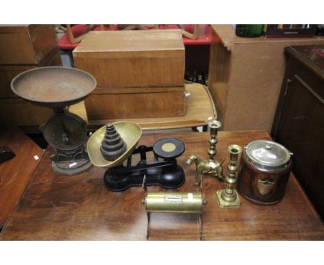 Set of Cast Iron Scales and Weights, another Set of Scales, Oak Biscuit Barrel, Brass Moneybox, Pair of Brass Candlesticks an