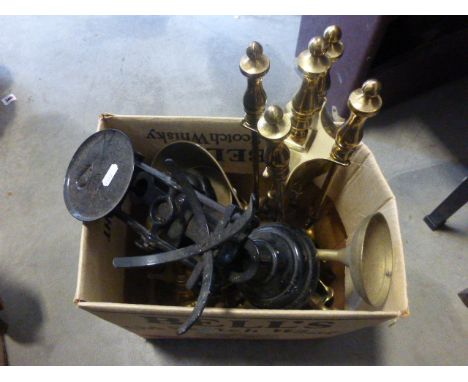 Set of Iron Scales with Brass Pans, Brass Companion Set, Brass Bell and Other Brass Ware