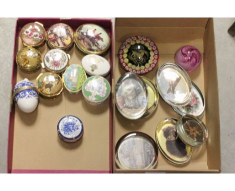 Collection of Eleven Ceramic Trinket Boxes including Royal Stratford Hunting Scenes together with Nine Glass Paperweights