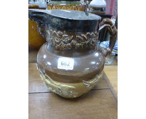 Large 19th century Stoneware Jug with Hunting Relief Decoration and Silver Plated Hinged Lid (a/f)
