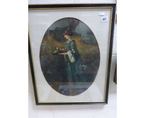 Art Nouveau print with bodycolour of a young women