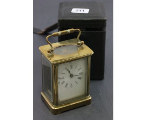 Victorian Gilt Cased Carriage Clock contained in a Black Tooled Leather Travelling Case