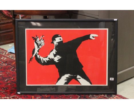 Framed &amp; glazed Banksy limited edition print ' Love is in the Air ' no. 207/500, 67cms x 47cms.  Purcahsed from the Green