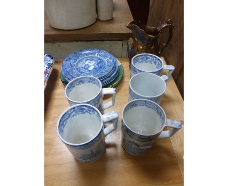 Five 19th century Blue and White Ceramic Tankards, Copper Lustre Jug, Seven Copeland Spode Italian Plates and Art Deco Plate