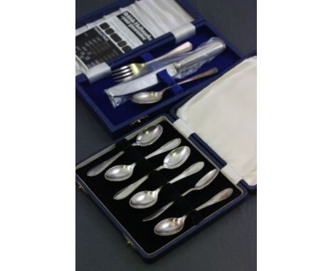 Cased Silver Knife, Fork and Spoon Set together with Cased Set of Six Silver Plated Teaspoons