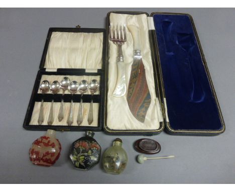 Cased Serving Knife and Fork Set, Cased Set of Six Silver Plated Teaspoons plus Three Snuff Bottles