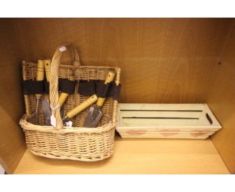 Gardening Hand Tool Set in Wicker Basket and a Wooden Planter