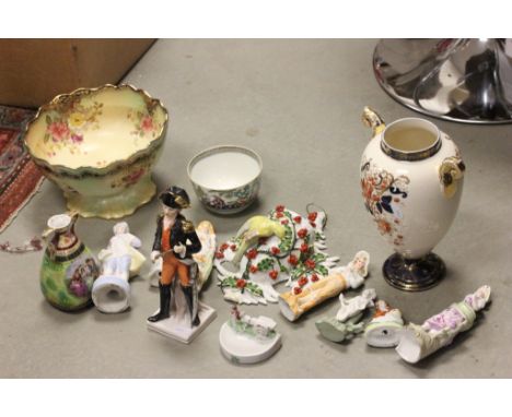 Mixed Lot of Ceramics including Porcelain and Bisque Figures,  Fairing, Carltonware Bowl, Continental Porcelain Bird Wall Poc