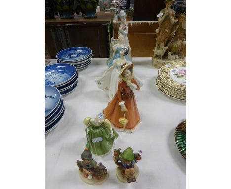 Four Royal Doulton Figurines, Two Goebel Hummel Figures (both a/f) and a Spanish Figurine