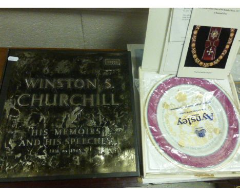 Boxed Aynsley British Empire Jubilee Plate, Decca Set of Vinyl Records of Winston Churchill's His Memoirs and his Speeches 19