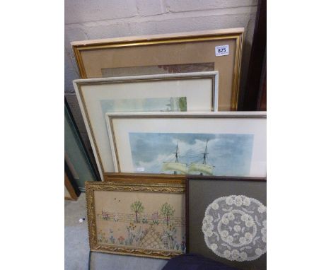Group of Pictures including Copper Hunting Lithograph, Lace Picture, 2 Ship Prints, Tapestry, Floral Oil, Seaside Print, Oil 