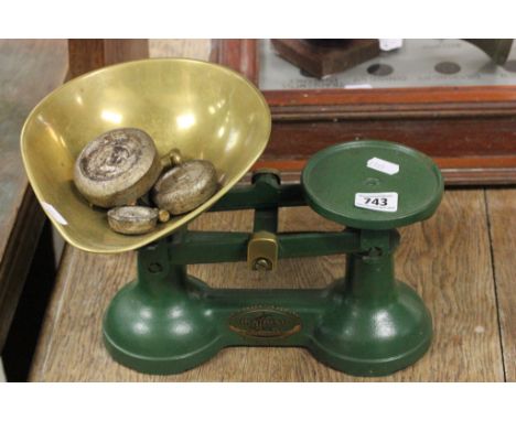 Set of Vintage Cast Iron Scales with Brass Pans and Weights marked F J Thornton & Co ' The Viking '
