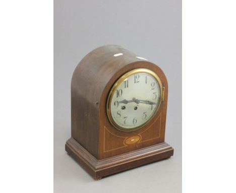 Edwardian Mahogany and Inlaid Domed Top Mantle Clock with Silvered Face