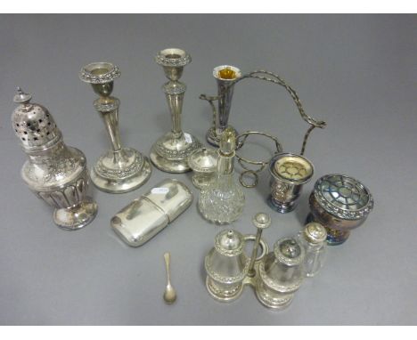 Collection of Silver Plate including Cased Art Deco Dessert Set, Sugar Shaker, Pair Candlesticks, James Dixon Hip Flask toget