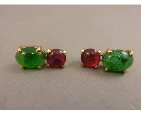 Pair of Christian Dior Drop Earrings, yellow metal each set with a pink and a green stone 