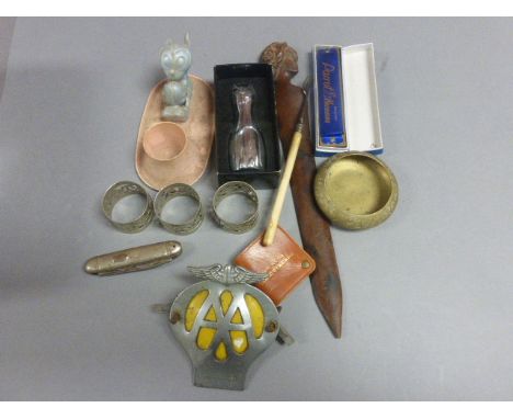 Mixed Lot of Collectables including Treen Page Turner, AA Badge, Harmonica, Deco Style Bottle Opener in the form of a Cat, Mi