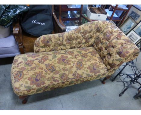 1920's / 30's Re-Upholstered Small Chaise-Lounge with Button Back and Arm raised on cabriole legs