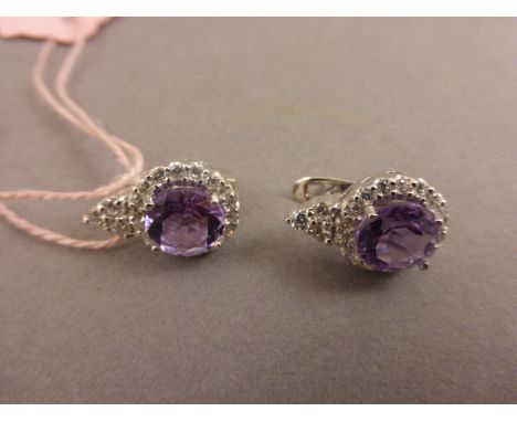 Pair of Silver Amethyst and CZ Drop Earrings