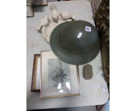 World War I Helmet, Tin and Two Signed J Galbraith Military Aircraft Prints