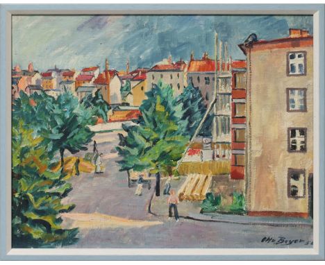 Beyer, Otto (1885 Kattowitz - Berlin 1962) Berliner Straßenecke Reginhardtstr. in Reinickendorf mit Passanten. Öl/Lwd, re. u.