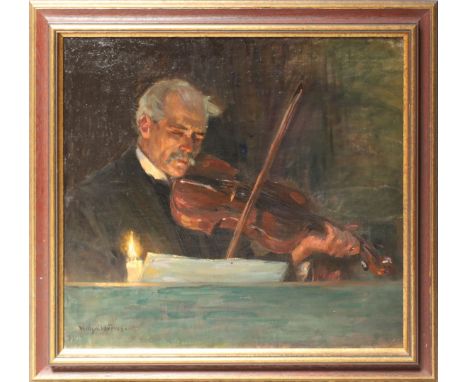 Claudius, Wilhelm (1854 Altona - Dresden 1942) Violinist in dunkler Stube bei Kerzenschein. Öl/Lwd., li. u. sign. 59x 64 cm. 