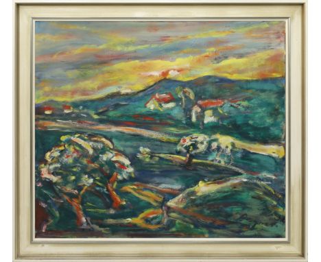Degner, Arthur (1888 Gumbinnen - Berlin 1972) Expressive Landschaft mit Landstraße und Häusern. Öl/Lwd., re. u. sign. Ca. 87x