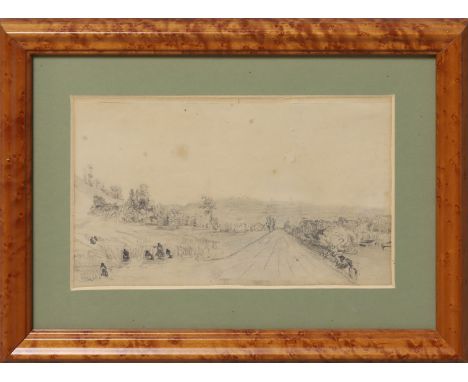 Unbekannter Maler (19. Jh.) Weite Landschaft, in den Feldern einige Personen arbeitend. Bleistift/Papier (gebräunt, fleckig, 