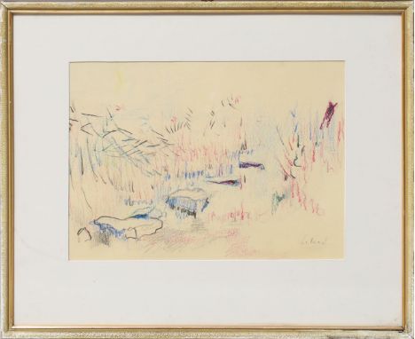 Schad, Christian (1894 Miesbach - Stuttgart 1982) Studienhafte Landschaft. Farbkreide/Papier (Montageränder), re. u. sign, ve