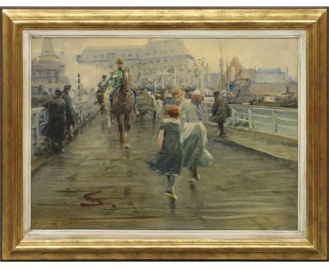 Schreuer, Wilhelm (1866 Wesel - Düsseldorf 1933) Auf der alten Rheinbrücke bzw. ehemaligen Düsseldorfer Schiffsbrücke. Mischt