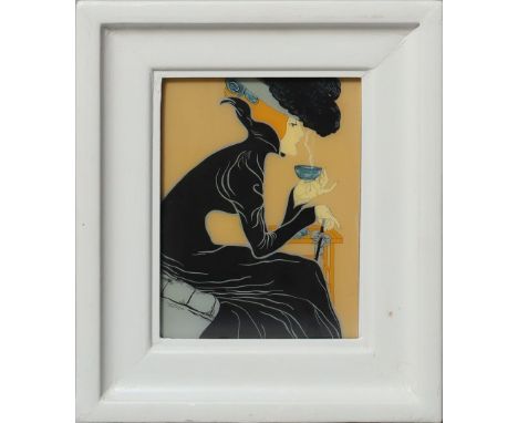 Unbekannter Maler (Anf. 20. Jh.) Elegante, Tee trinkende Dame. Hinterglasmalerei, li. u. bez. "KABO". Auf Rückwand Hinweis zu