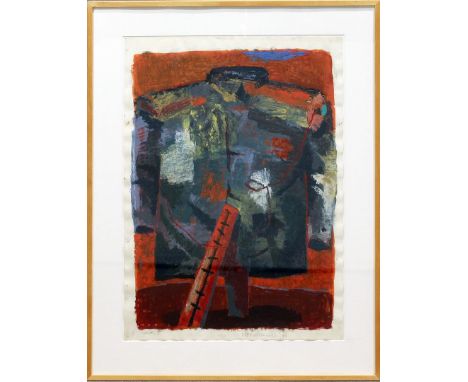 Hornemann, Thomas (geb. 1943 in Hamburg) "Scheuche X", so li. u. betitelt. Mischtechnik/Goauche/Papier (min. Randmängel), re.