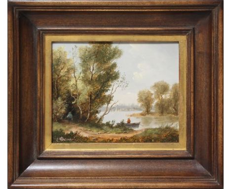 Demmin, Erich (1911 Mecklenburg - Berlin 1997) Ruderboot an einem bewaldeten Flusslauf. Öl/Holztafel, li. u. sign. 12x 15 cm.
