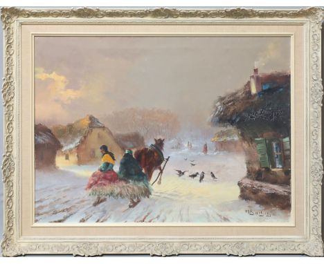 Borbèly, Michael (geb. 1923) "Ungarisches Zigeunerdorf", so verso auf Etikett betitelt. Öl/Lwd. (Craquelé), re. u. sign. 60x 