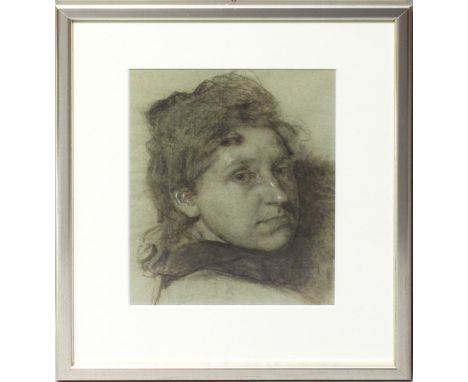 Thedy, Max  (1858 München - Polling 1924) "Kopf einer Dame, nach rechts zum Betrachter blickend". Kohlezeichnung auf grauem P
