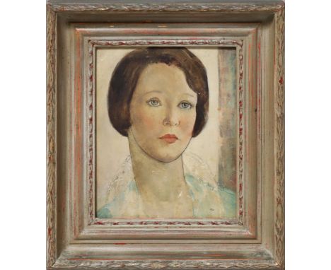 André, Renée (geb. 1891), att. Damenportrait. Tempera/Mischtechnik/Holz (Altersspuren, fleckig), verso alter Stempel und Bez.