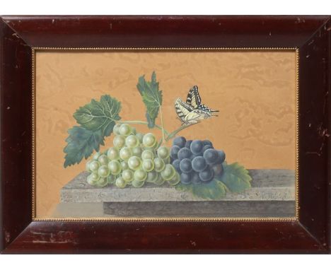 Meinert, Friedrike (c.1810-c.1860) Biedermeier-Stillleben mit Weintrauben und Schmetterling, auf einer Marmorkante arrangiert