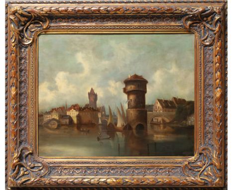 Unbekannter Maler in der Art von Karl Kaufmann (Ende 19. Jh.) Stadt an einem Kanallauf mit Booten und Wasserturm. Öl/Lwd. (do