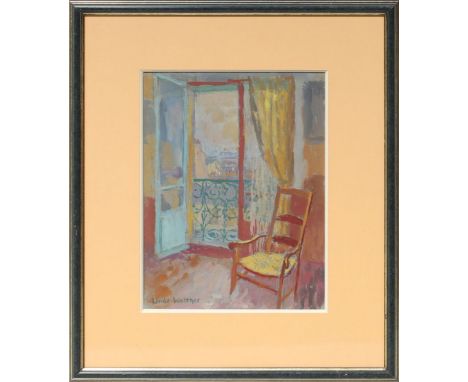 Linde-Walther, Heinrich (1868 Lübeck - Travemünde 1939) Blick aus einem Zimmer, bei geöffneter Fenstertür. Gouache, li. u. si