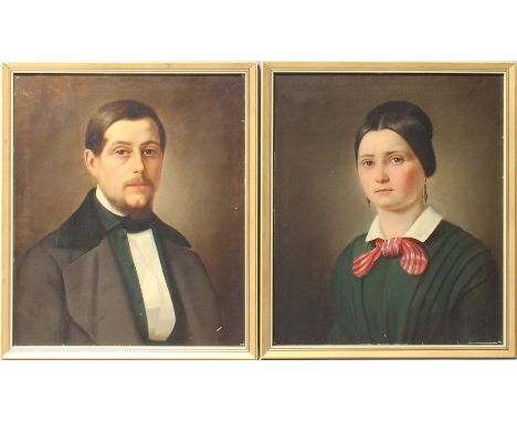 Biedermeier-Künstler (Mitte 19. Jh.) Pendants: Elegante Dame und Herr im Brustportrait. Öl/Lwd. (l. Farbverluste). 55x 47 cm.