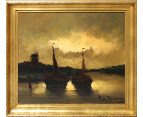 Brouwer, Petrus Antonius Hermanus (1935 Utrecht 2010) Nächtliche Darstellung mit zwei ankernden Fischerbooten, im Hintergrund